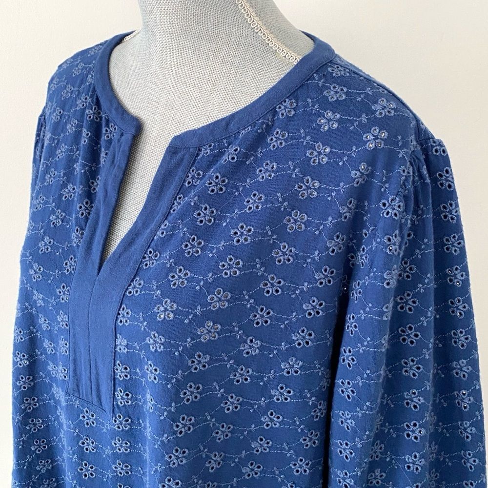 Rare J. Jill Deep Indigo Blue Eyelet Tunic XL Balloon 3/4 Sleeves Coastal Boho - Picture 3 of 10